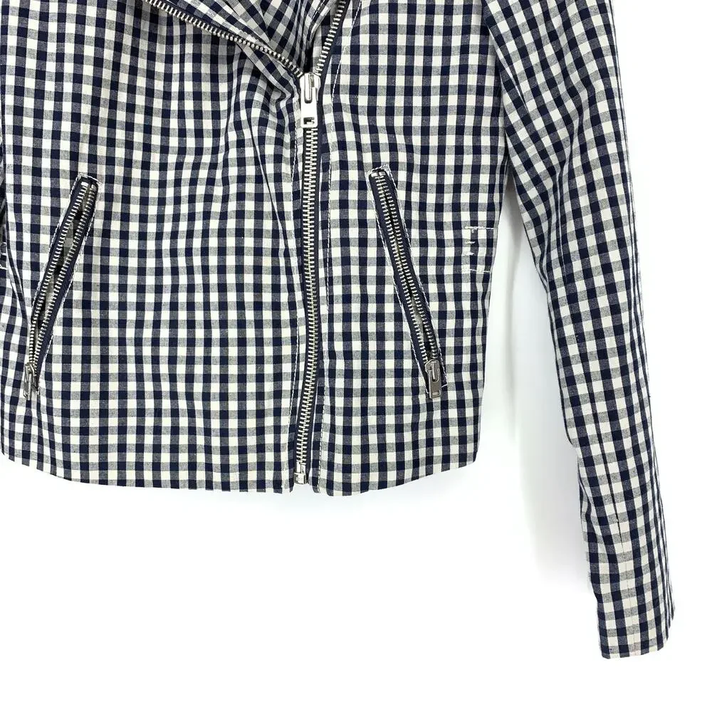 J. Crew Women's Size 00 Full Zip Plaid Moto Jacket Long Sleeves Navy/White Check